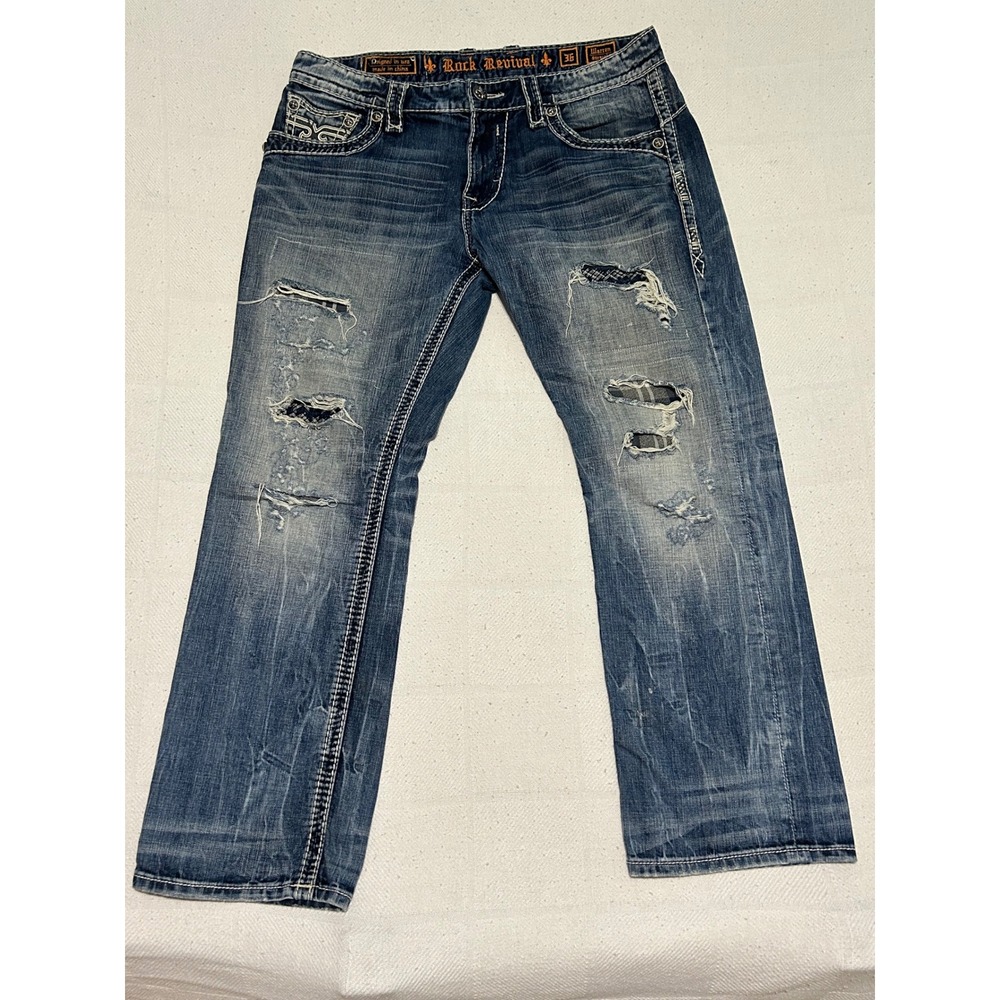 Rock Revival Warren Straight Distressed Jeans Mens 36 Blue Y2K vibe Fleur De Lis